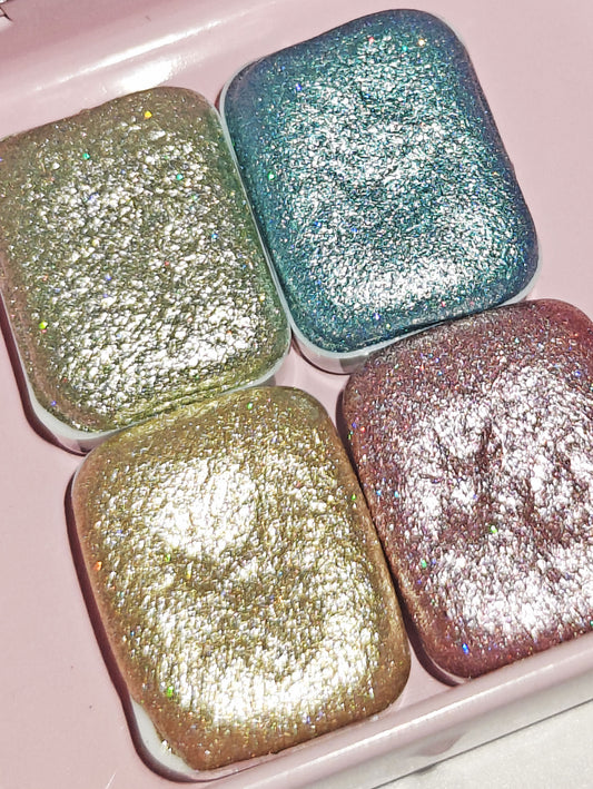 Set of 4 1/4 High Quality Handcrafted Metallic Holographic Watercolors CRYSTAL SET HOLO