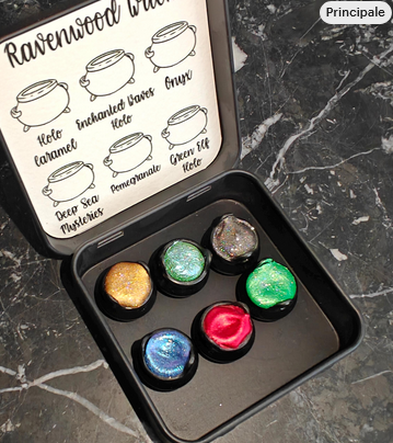 Set of 6 handmade watercolor pan cauldrons, high quality, metallic, holographic, Halloween, Ravenwood Witch (RESERVED for SJ)