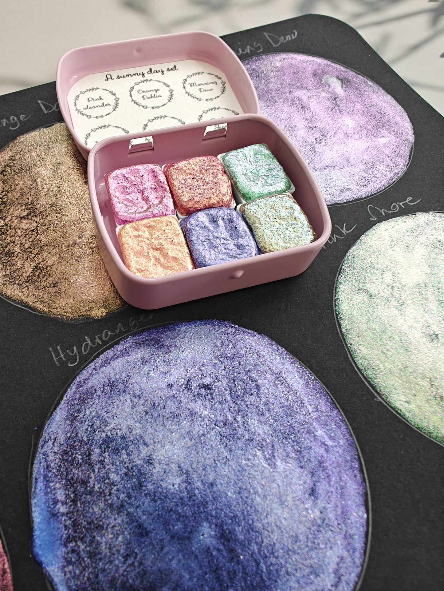 Set of 6 1/2 godet pan handmade watercolors colorshift watercolors A SUNNY DAY