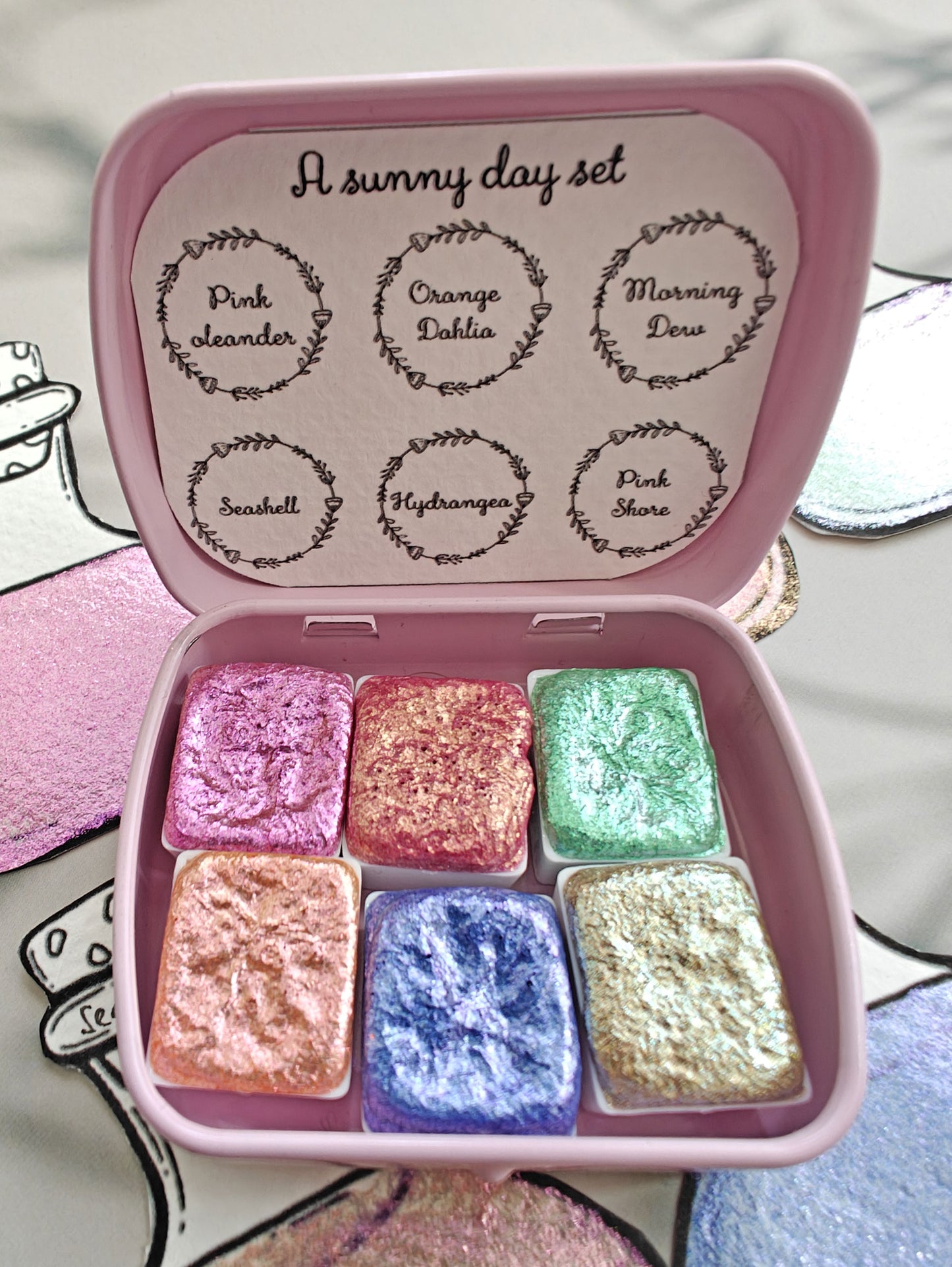 Set of 6 1/2 godet pan handmade watercolors colorshift watercolors A SUNNY DAY