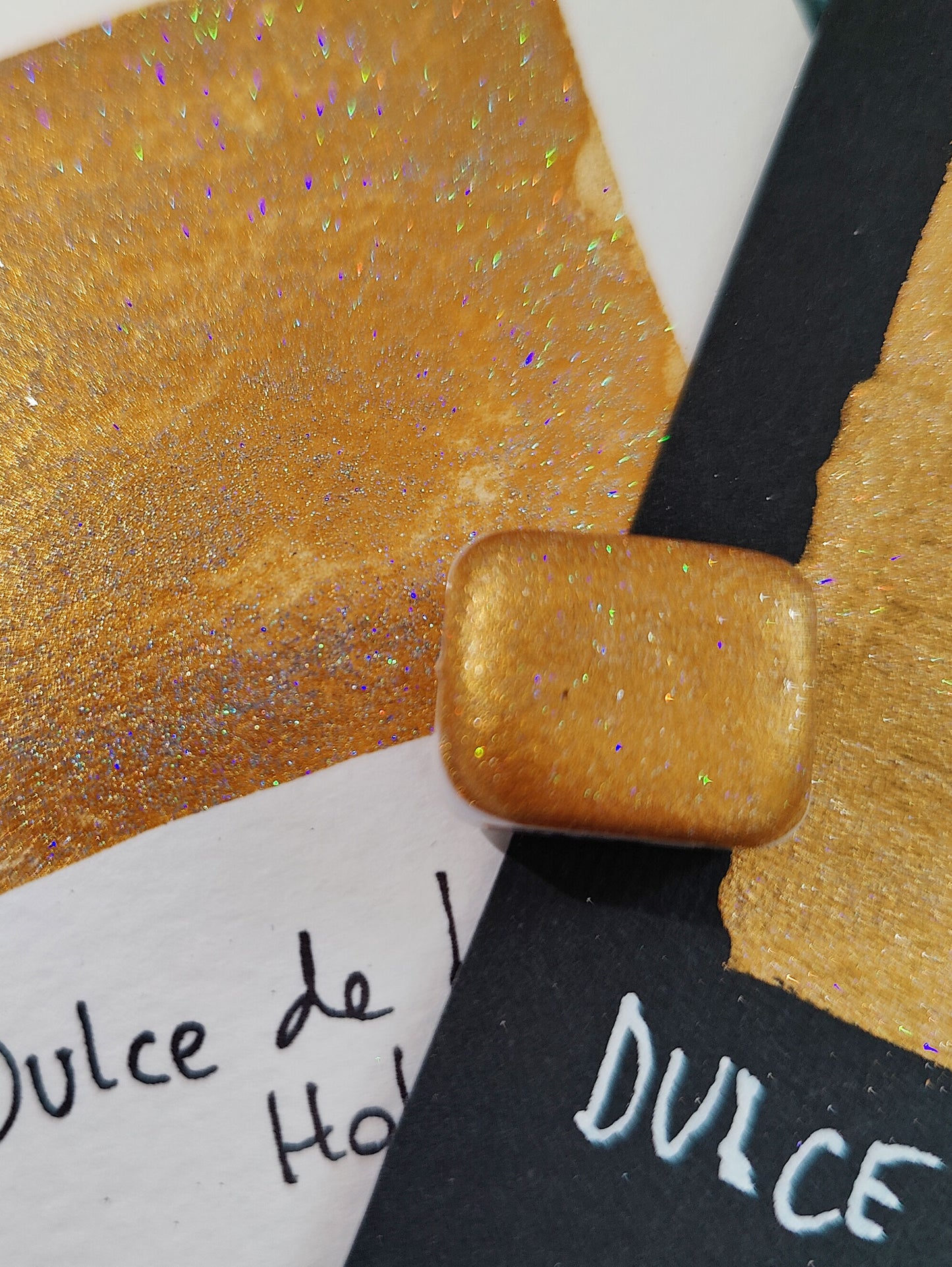 Handcrafted watercolor godet pearl bronze caramel holographic handlettering calligraphy paint DULCE de LECHE holo