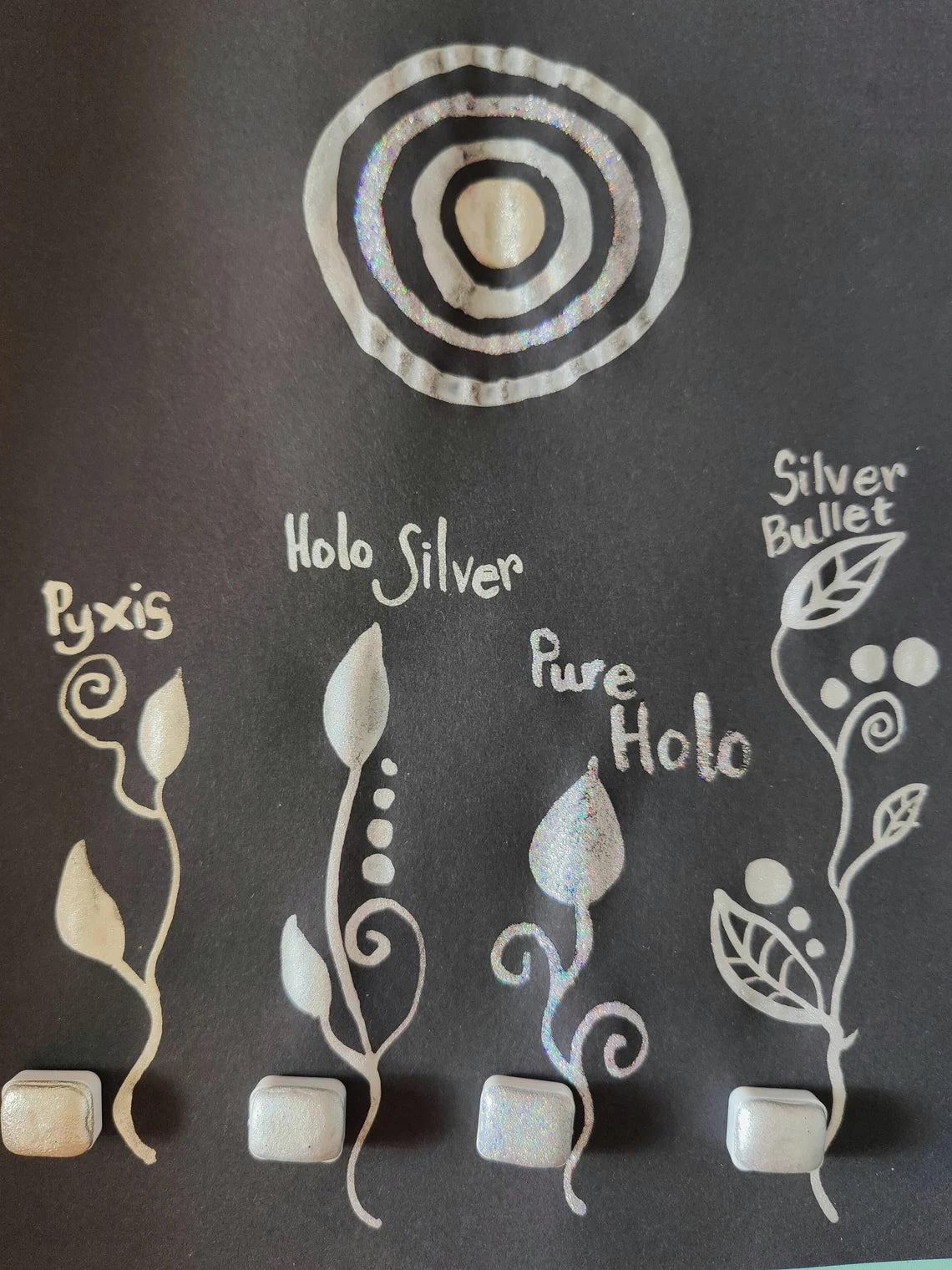 Set of 4 1/4 high quality handmade watercolors in silver holographic palette.