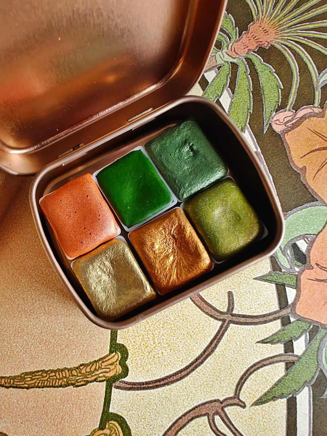 Set of 6 1/2 pans handmade metallic watercolors MUCHA PALETTE