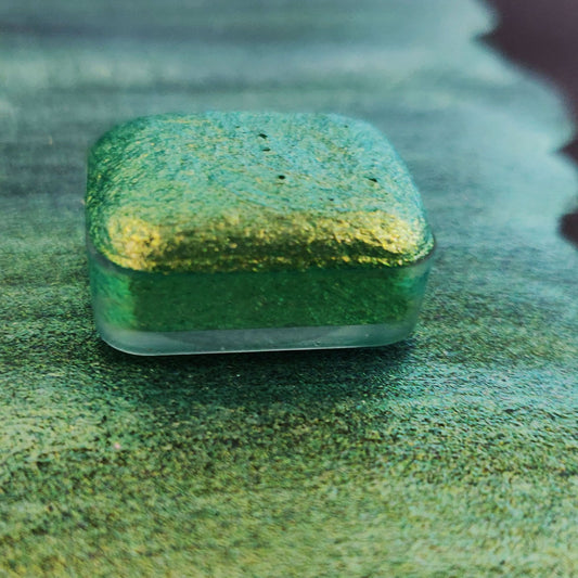 Handcrafted watercolor 1/4 godet green gold colorshift paint calligraphy handmade handlettering HYGGDRASILL