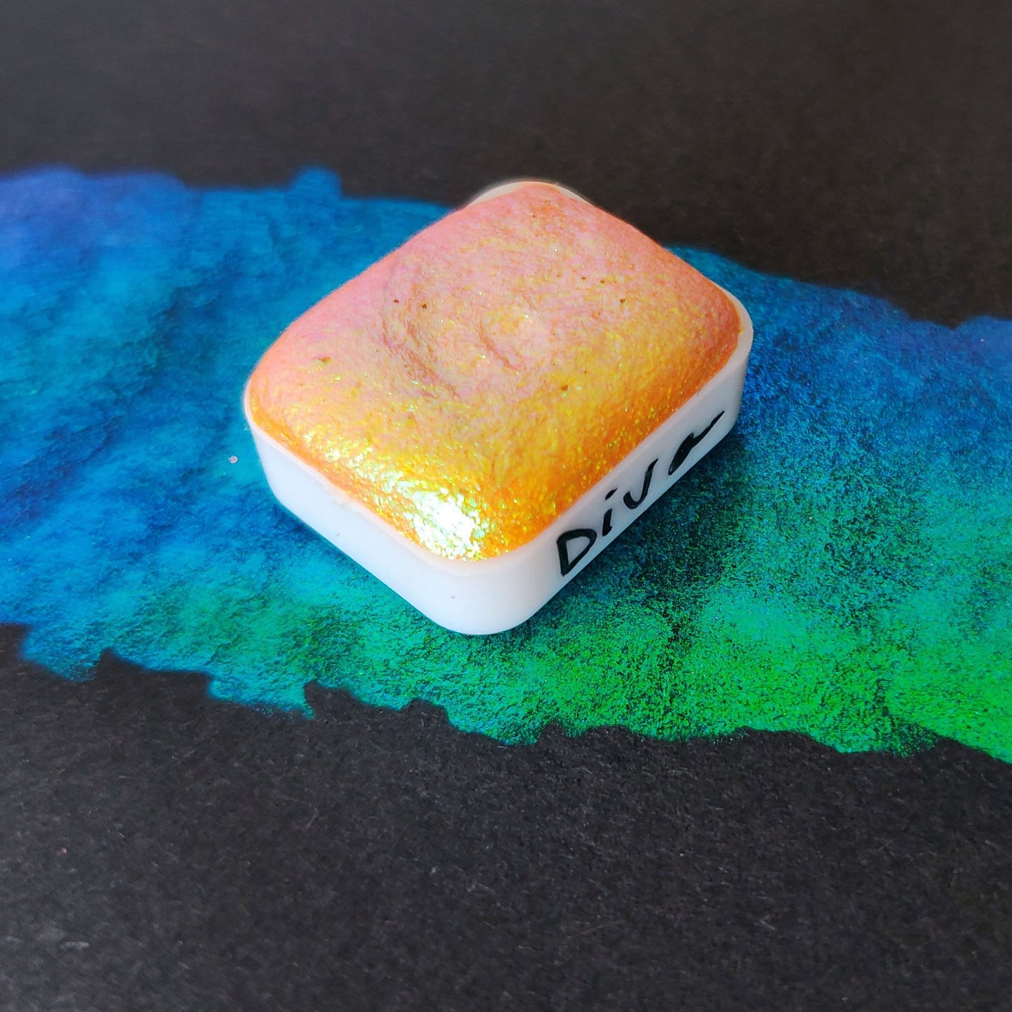 Handmade watercolor 1/4 godet pan orange pink green blue colorshift iridescent paint calligraphy handlettering handmade DIVA