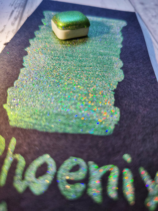 Holographic craft watercolor 1/4 godet holo green chrome base paint calligraphy handmade HOLO PHOENIX