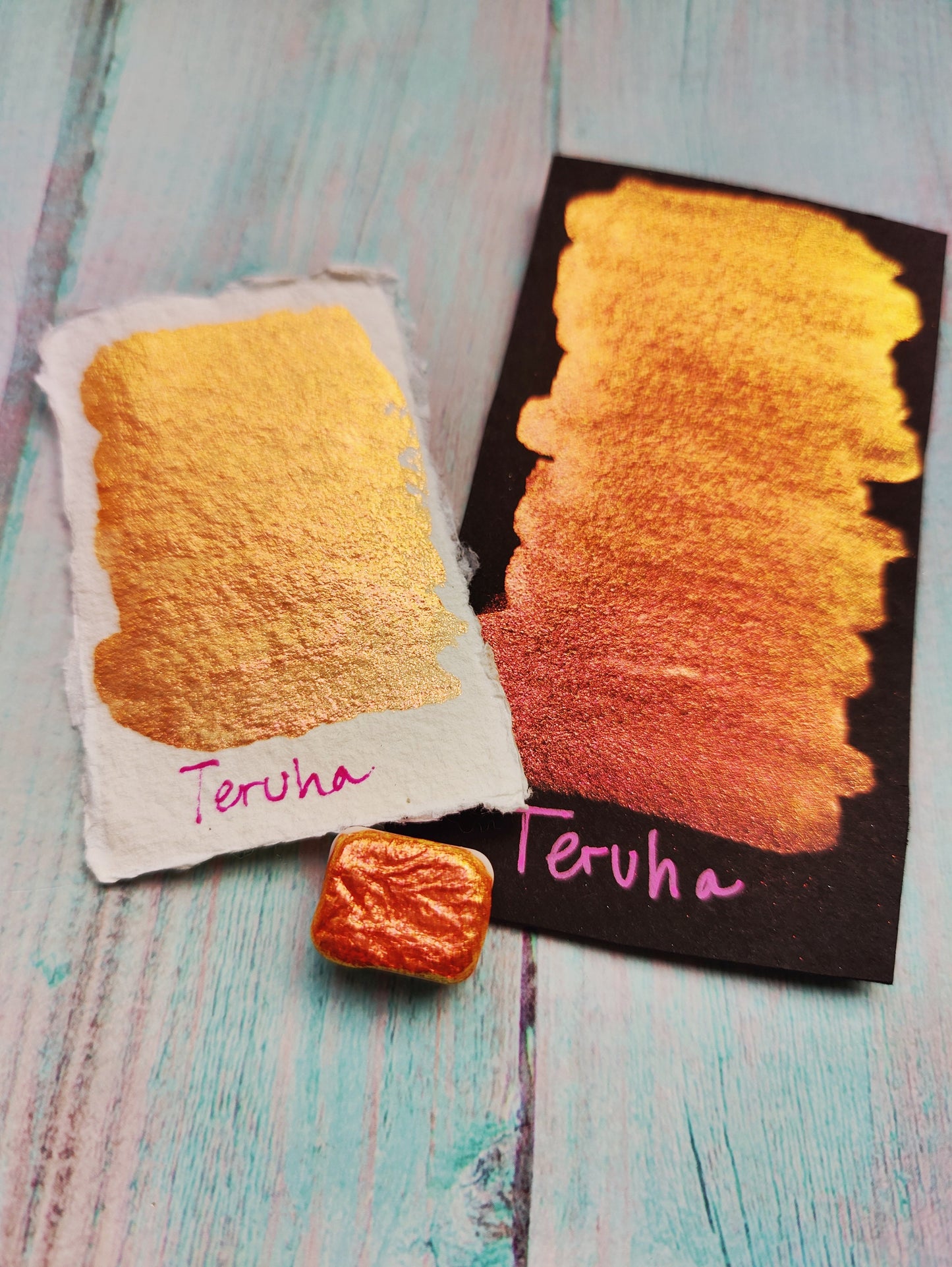 Handmade watercolor 1/4 godet pan yellow orange colorshift iridescent paint calligraphy handlettering handmade TERUHA