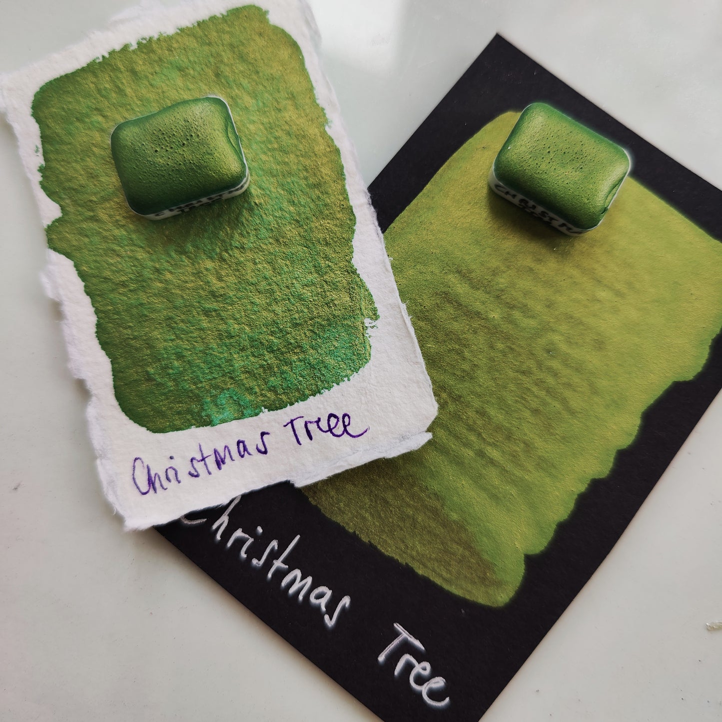 Handcrafted watercolor 1/4 godet green gold patina paint calligraphy handmade handlettering CHRISTMAS TREE