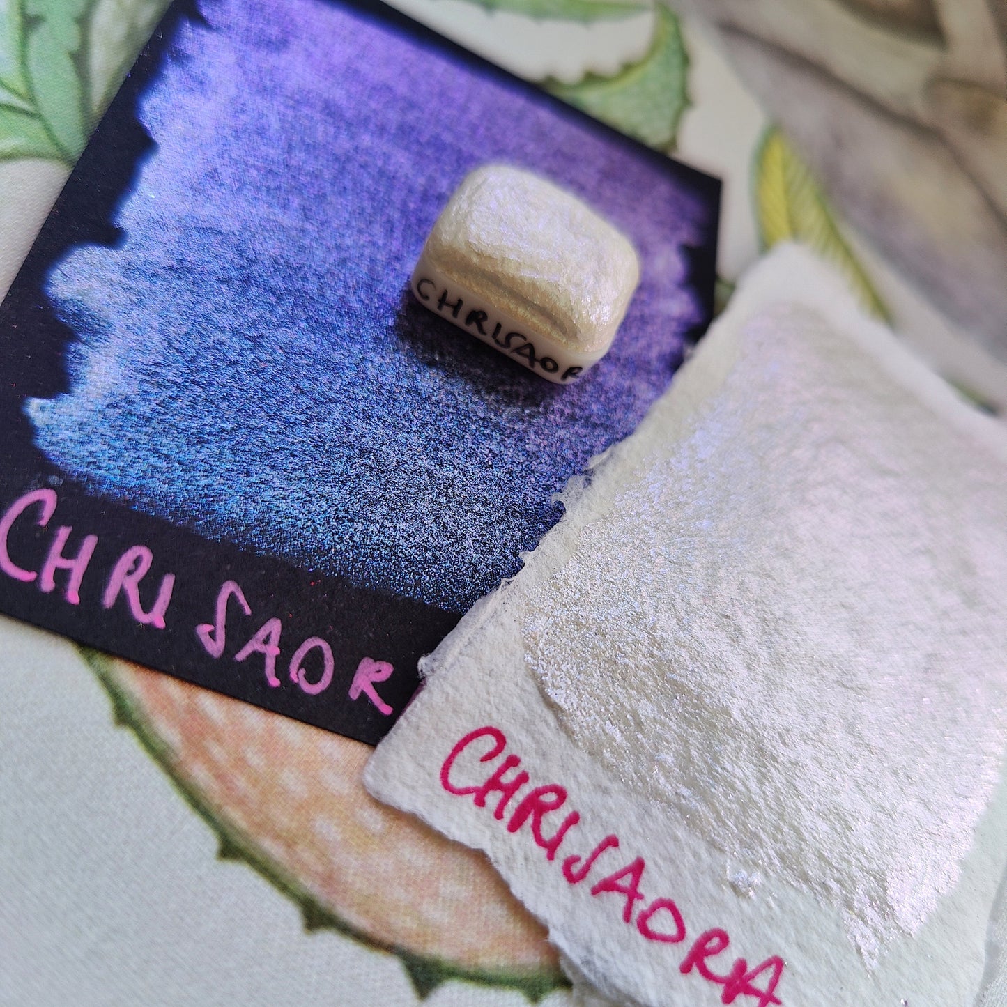 Handmade watercolor aurora 1/4 godet iridescent colorshift purple green blue paint calligraphy handmade CHRISAORA