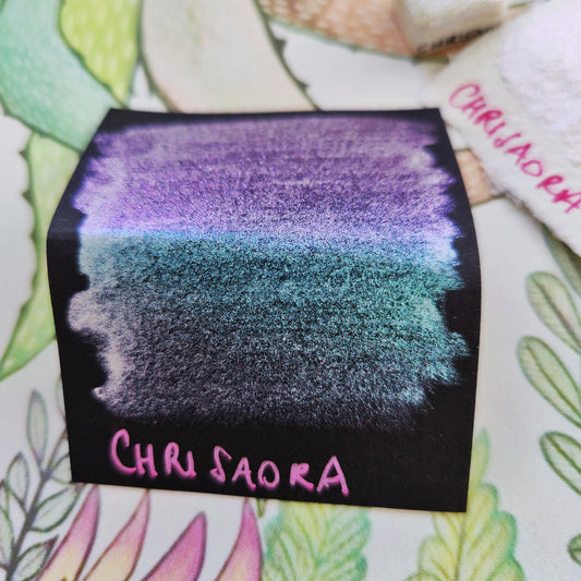 Handmade watercolor aurora 1/4 godet iridescent colorshift purple green blue paint calligraphy handmade CHRISAORA
