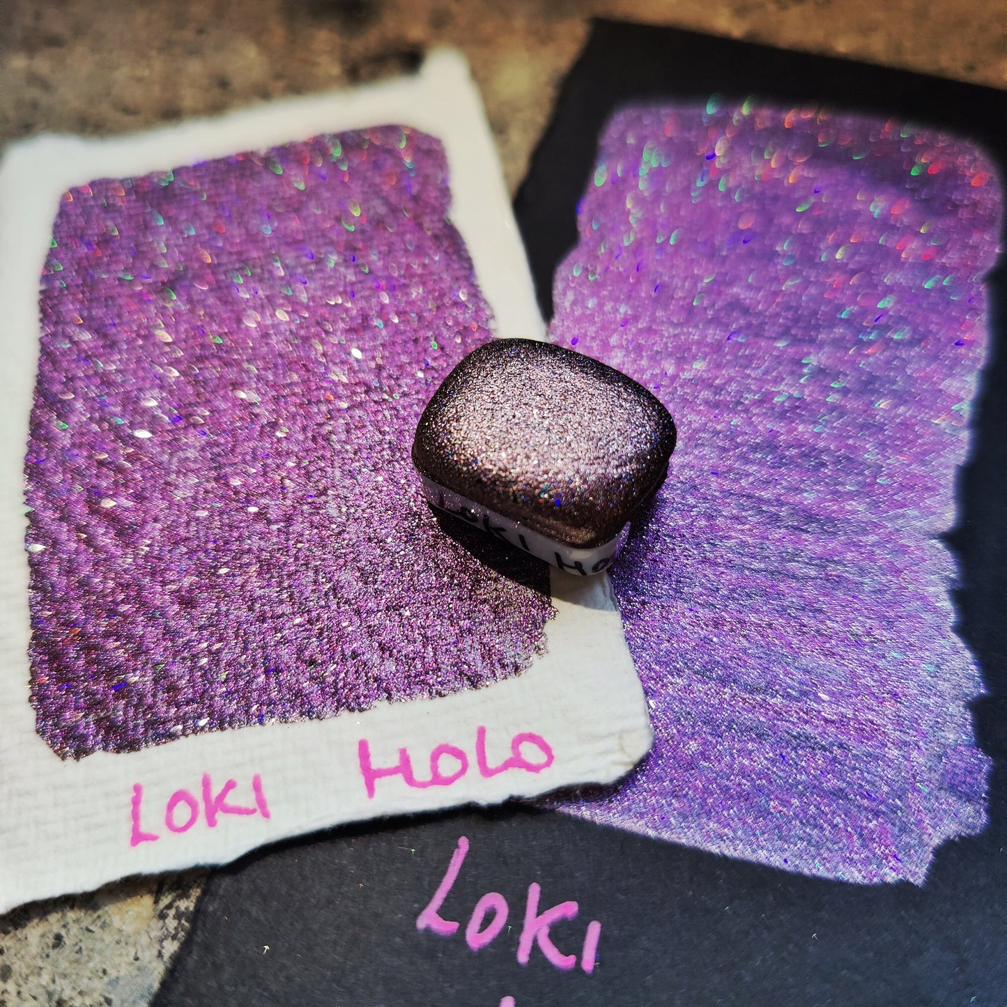 Handcrafted watercolor 1/4 godet bronze purple holographic colorshift handlettering high quality handmade calligraphy LOKI HOLO