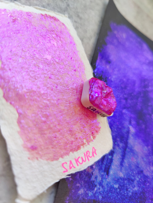 Handmade watercolor 1/4 godet pan pink purple blue colorshift iridescent paint handmade irregular flakes SAKURA FLAKES