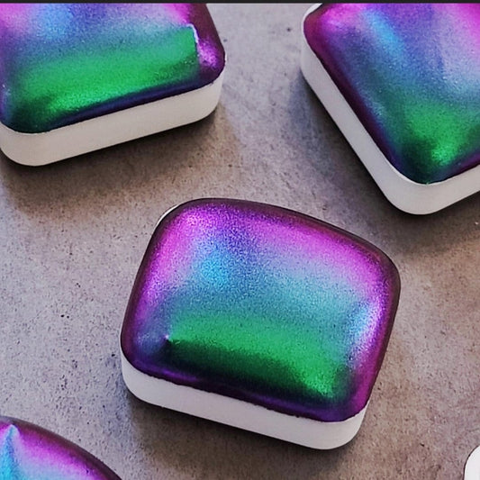 Handcrafted watercolor 1/4 godet purple green blue supercolorshift iridescent paint calligraphy handmade handlettering KORE