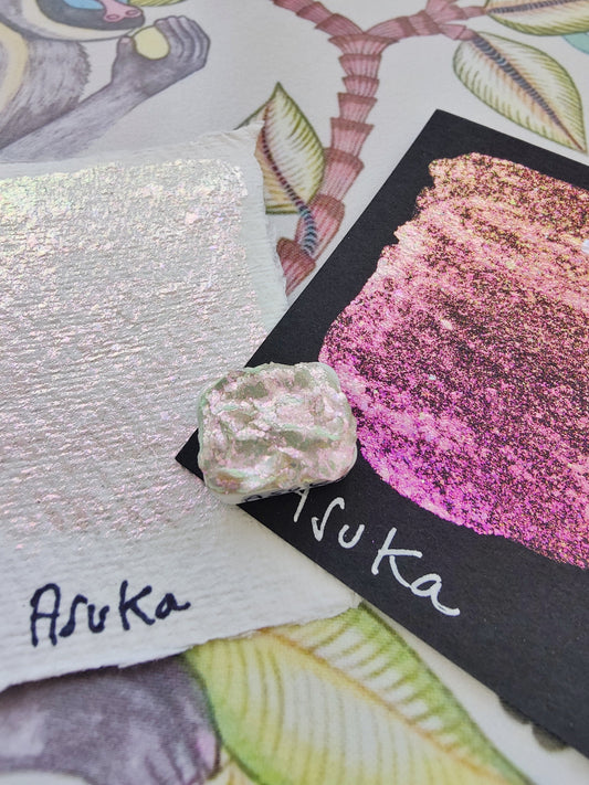 Handmade watercolor 1/4 godet pan pink purple green colorshift iridescent paint handmade irregular flakes ASUKA FLAKES