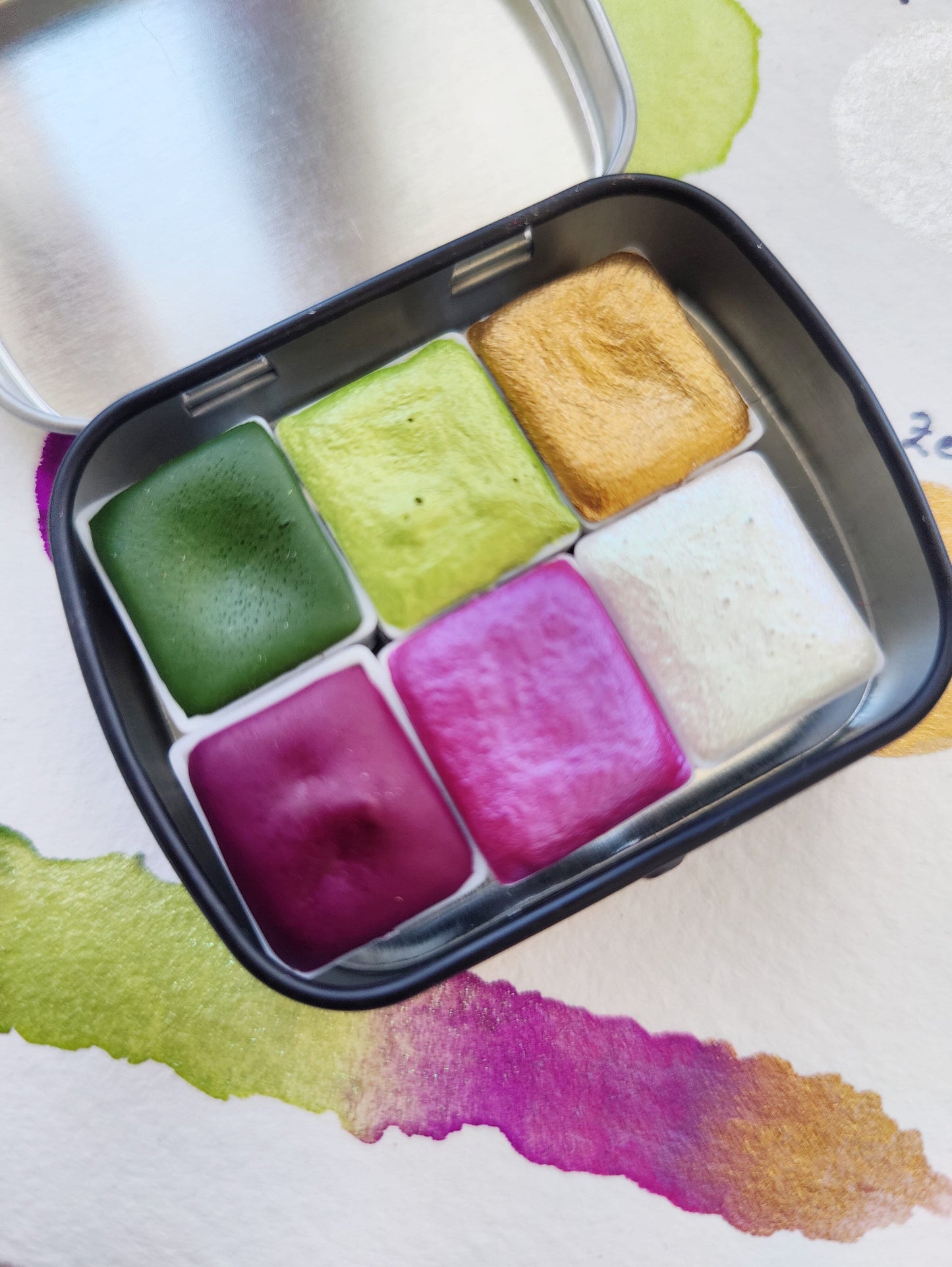 Set of 6 by 1/2 godet pan handcrafted watercolors high quality matte interference gold purple green watercolors lettering purple green HARU SET