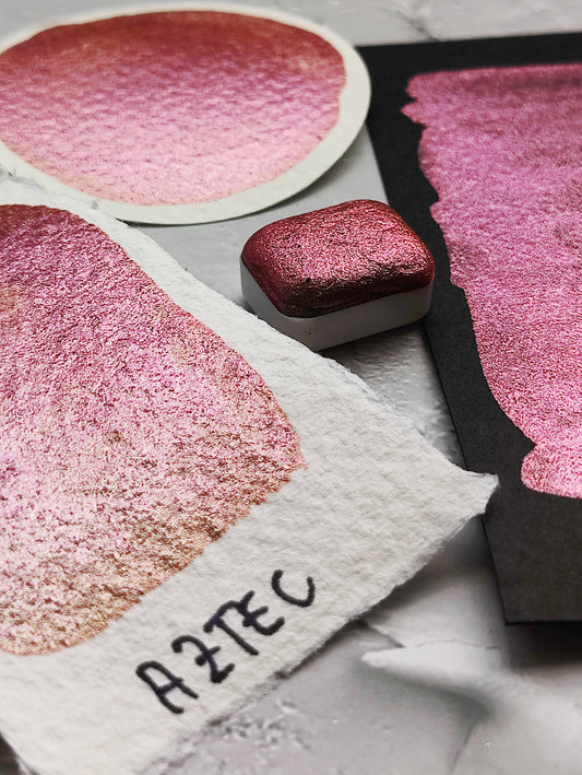 Handmade watercolor 1/4 godet pan rust green tones colorshift iridescent paint calligraphy handlettering handmade AZTEC