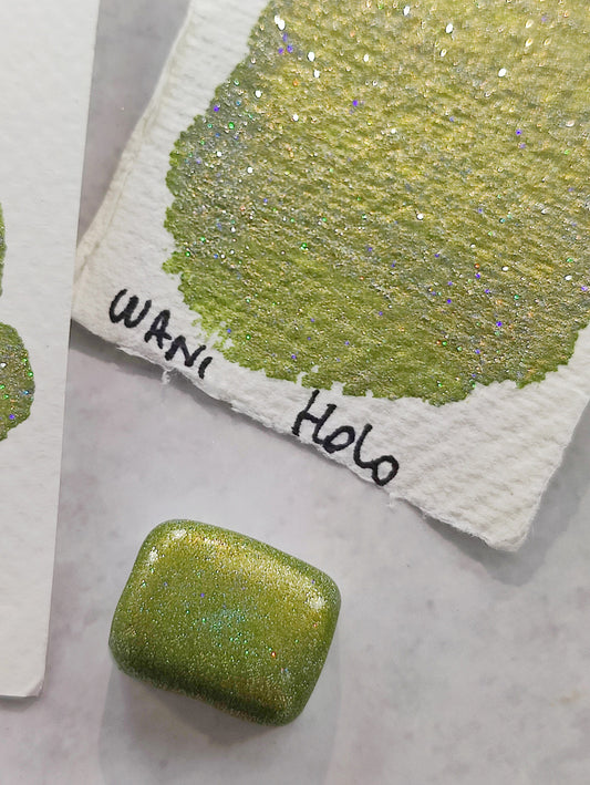 Handcrafted watercolor green gold tones duocolor holographic paint handlettering high quality handmade calligraphy WANI HOLO