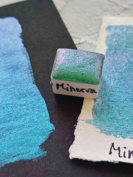 Handmade watercolor blue green purple handmade iridescent lettering paint handlettering colorshift MINERVA