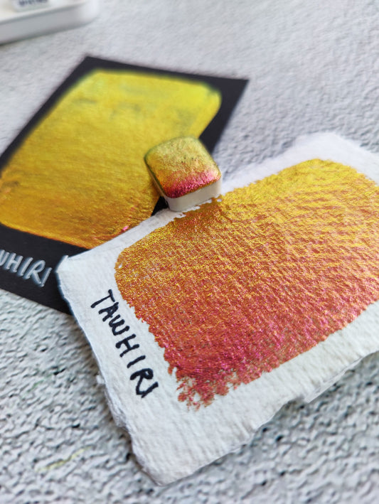 Handcrafted watercolor 1/4 godet yellow orange pink colorshift paint calligraphy handmade handlettering TAWHIRI