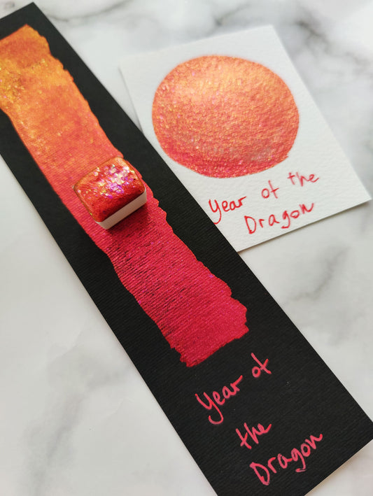 Pearly watercolor red orange colorshift iridescent flakes watercolor handlettering high quality YEAR of the DRAGON