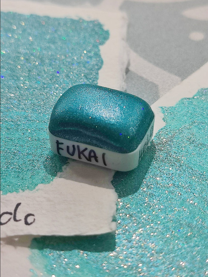 Holographic artisan watercolor 1/4 godet holo teal pearl base paint calligraphy handmade FUKAI HOLO