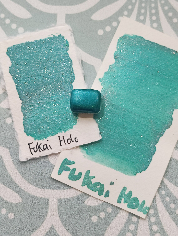 Holographic artisan watercolor 1/4 godet holo teal pearl base paint calligraphy handmade FUKAI HOLO