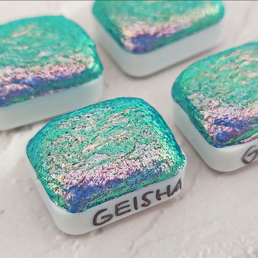 Handmade watercolor 1/4 godet pan light blue pink orange blue colorshift iridescent paint calligraphy handlettering handmade GEISHA