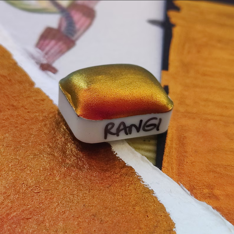 Handcrafted watercolor 1/4 godet purple orange pink supercolorshift iridescent paint calligraphy handmade handlettering RANGI