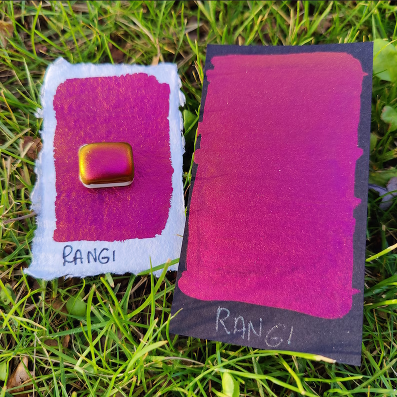 Handcrafted watercolor 1/4 godet purple orange pink supercolorshift iridescent paint calligraphy handmade handlettering RANGI