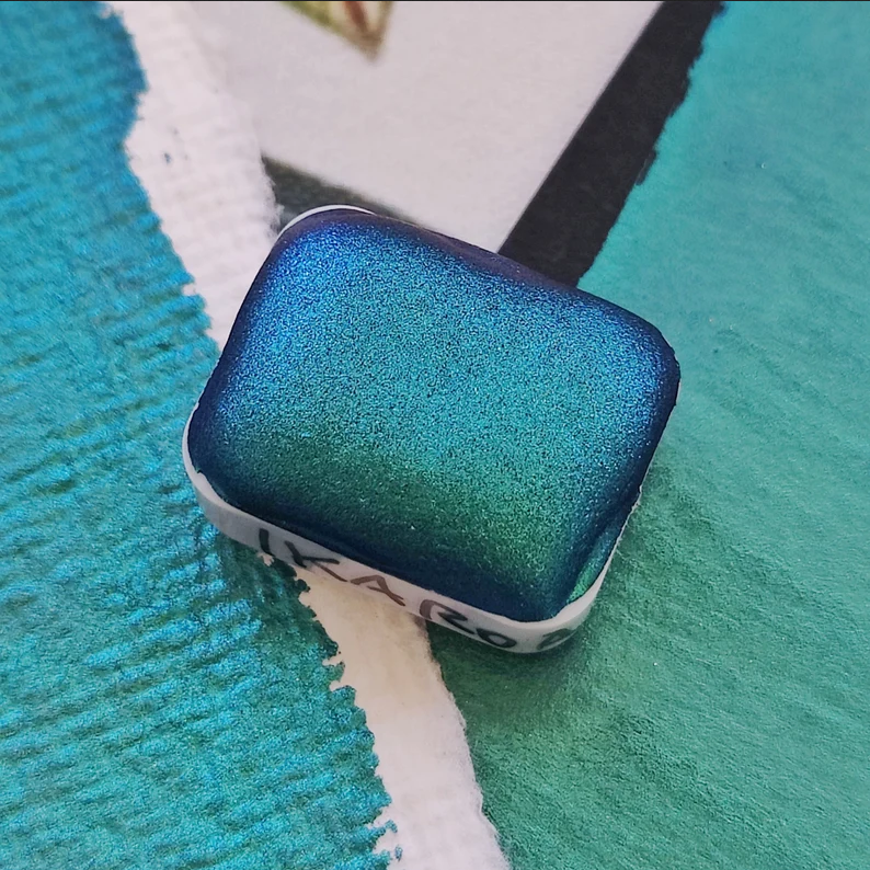 Handcrafted watercolor 1/4 godet blue teal light blue purple supercolorshift iridescent paint calligraphy handmade handlettering IKAROA