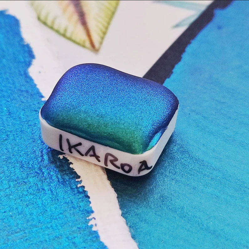 Handcrafted watercolor 1/4 godet blue teal light blue purple supercolorshift iridescent paint calligraphy handmade handlettering IKAROA