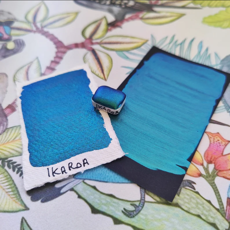 Handcrafted watercolor 1/4 godet blue teal light blue purple supercolorshift iridescent paint calligraphy handmade handlettering IKAROA