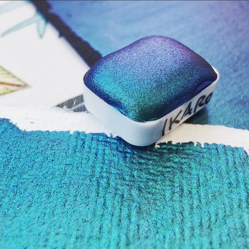 Handcrafted watercolor 1/4 godet blue teal light blue purple supercolorshift iridescent paint calligraphy handmade handlettering IKAROA