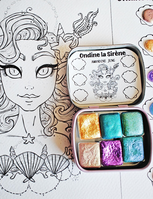 Set 6 da 1/2 godet pan acquerelli perlati cangianti olografici watercolors lettering "Ondine la Sirène"