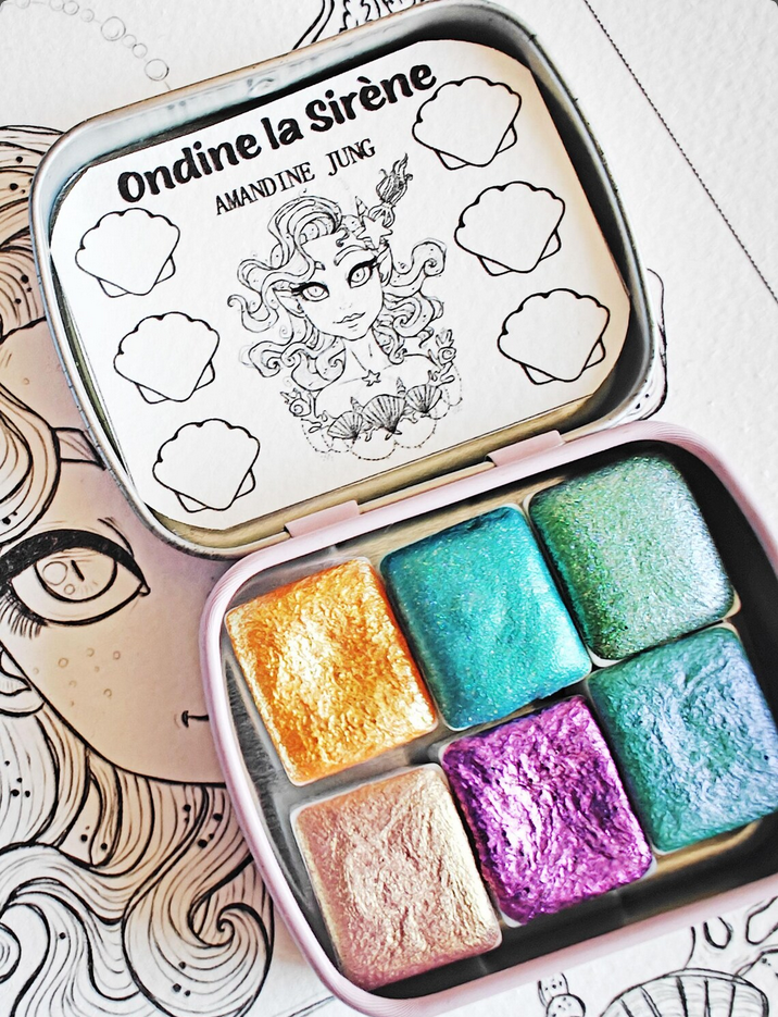 Set 6 da 1/2 godet pan acquerelli perlati cangianti olografici watercolors lettering "Ondine la Sirène"