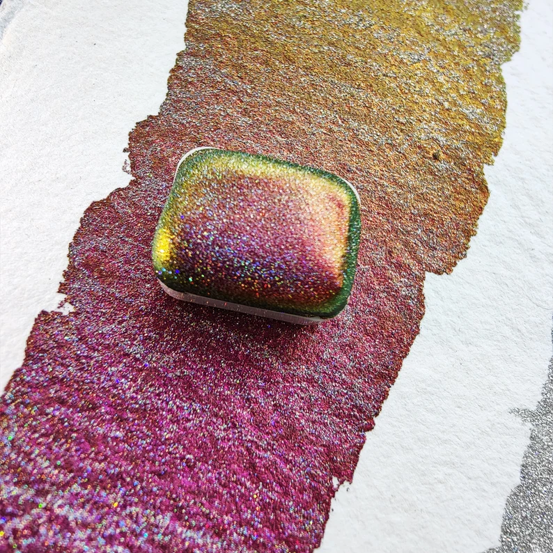 Watercolor craft glitter holographic 1/4 godet holo colorshift purple blue green paint calligraphy handmade HYPNOTIC HOLO