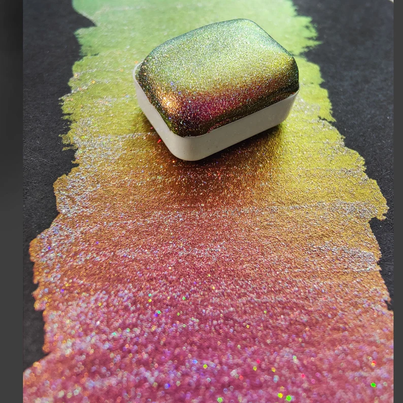 Watercolor craft glitter holographic 1/4 godet holo colorshift purple blue green paint calligraphy handmade HYPNOTIC HOLO