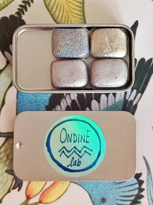 Set of 4 1/4 high quality handmade watercolors in silver holographic palette.