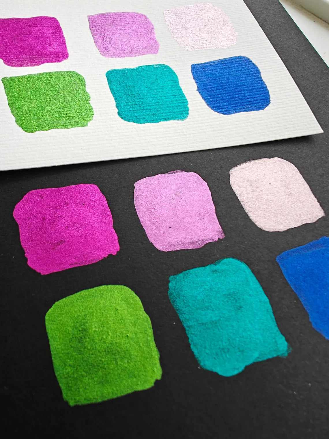 Set 6 da 1/4 godet pan acquerelli artigianali alta qualità watercolors METALLIC SIX