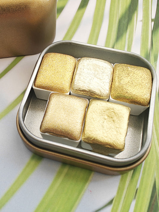 Set da 5 acquarelli da 1/2 panetto toni oro dorati metallizzati olografici "You are Golden Set"