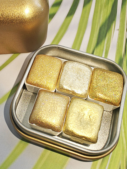Set da 5 acquarelli da 1/2 panetto toni oro dorati metallizzati olografici "You are Golden Set"