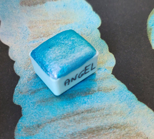 Handmade watercolor blue pink purple handmade lettering metallic paint handlettering colorshift glitter Angel