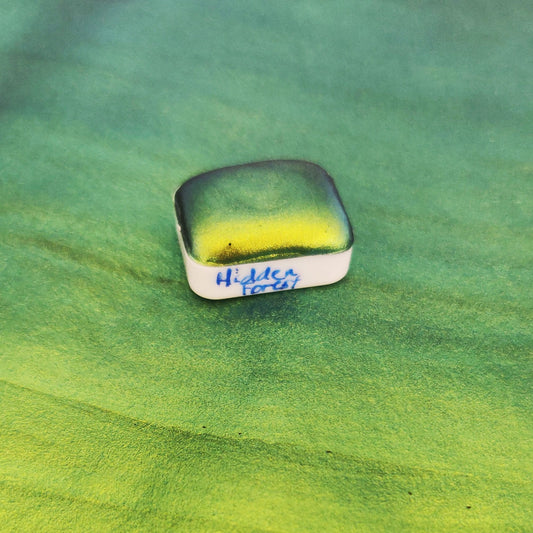 Handcrafted watercolor 1/4 godet green blue gold colorshift paint calligraphy handmade handlettering HIDDEN FOREST