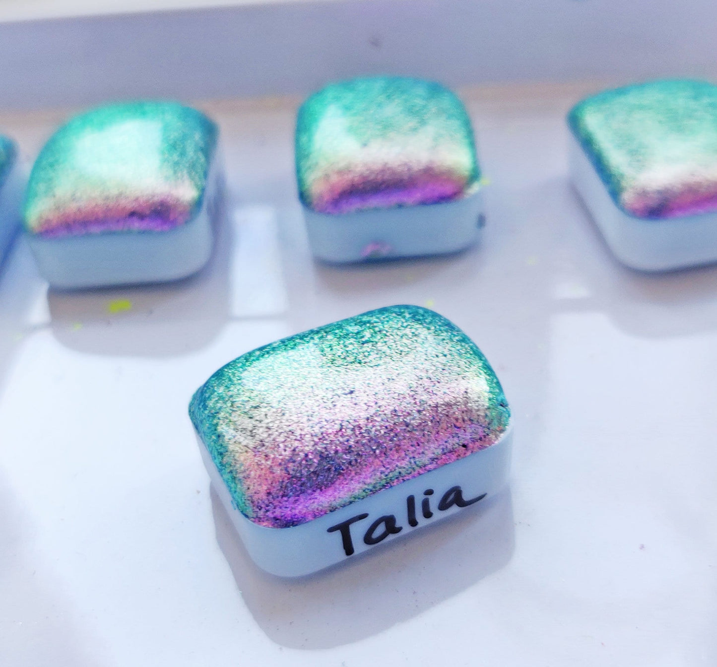 Artisan watercolor 1/4 godet green purple pink colorshift paint calligraphy handmade "Talia"