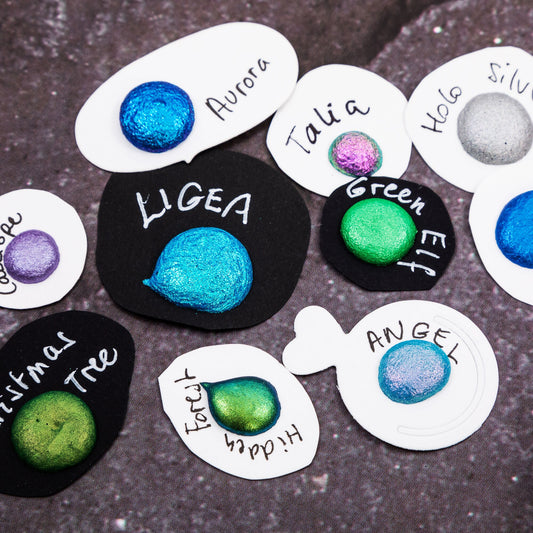 Set of 10 dot cards handmade watercolor handmade lettering tones calligraphy blue purple green pink