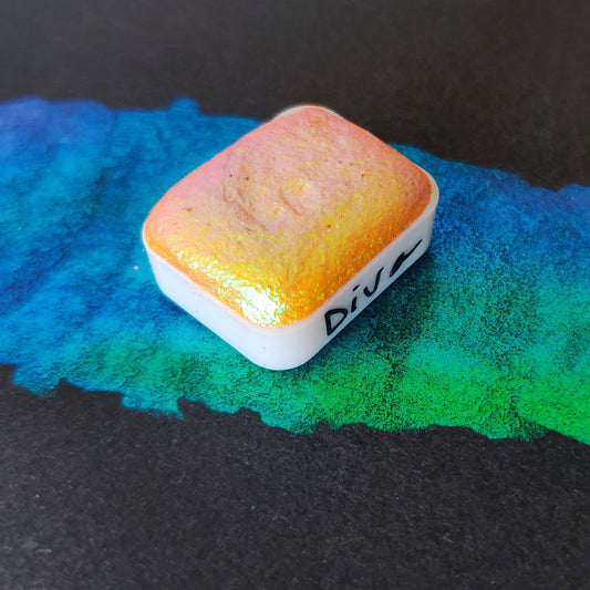 Handmade watercolor 1/4 godet pan orange pink green blue colorshift iridescent paint calligraphy handlettering handmade DIVA