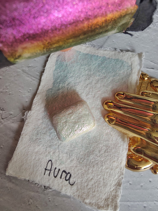 Handmade watercolor aurora 1/4 godet iridescent colorshift pink yellow fuchsia pink paint calligraphy handmade AURA