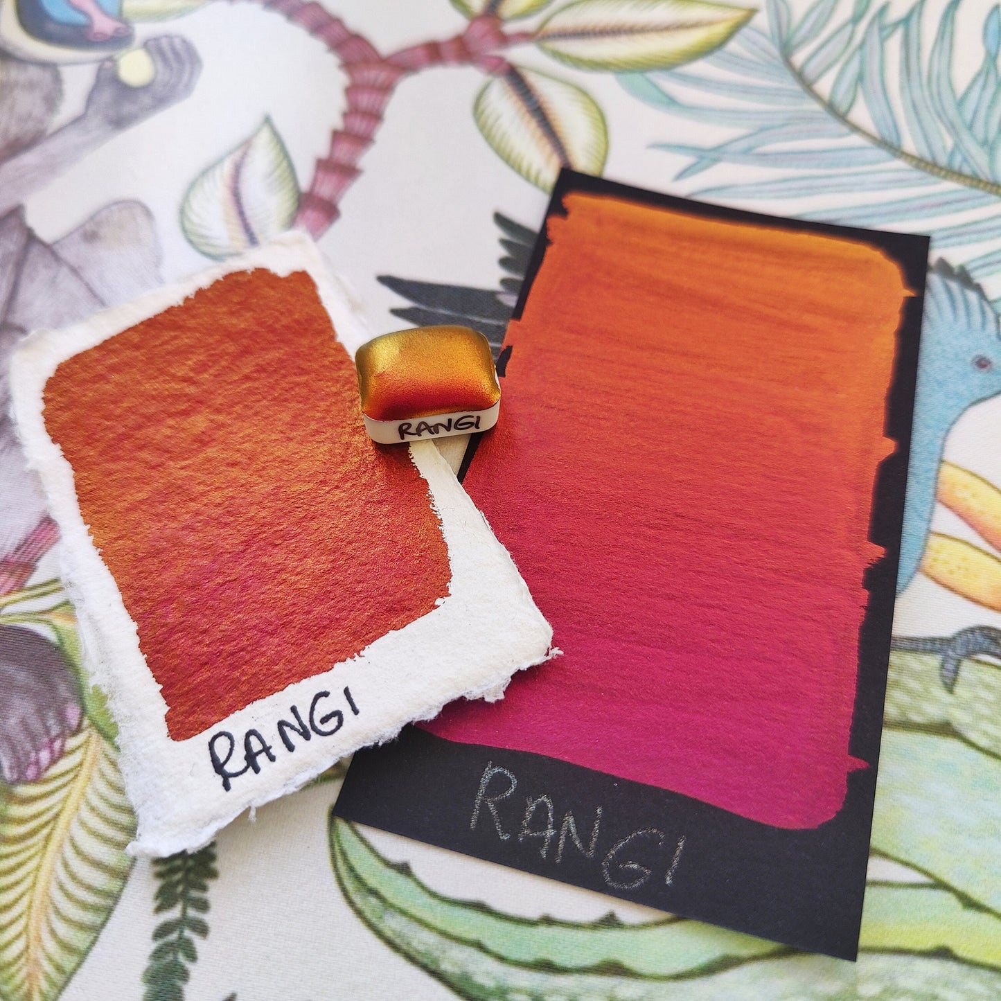 Handcrafted watercolor 1/4 godet purple orange pink supercolorshift iridescent paint calligraphy handmade handlettering RANGI