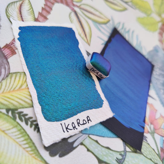 Handcrafted watercolor 1/4 godet blue teal light blue purple supercolorshift iridescent paint calligraphy handmade handlettering IKAROA