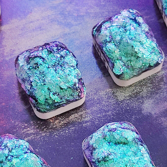 Handmade watercolor 1/4 godet pan light blue pink purple blue colorshift iridescent paint handmade irregular flakes NIJI FLAKES